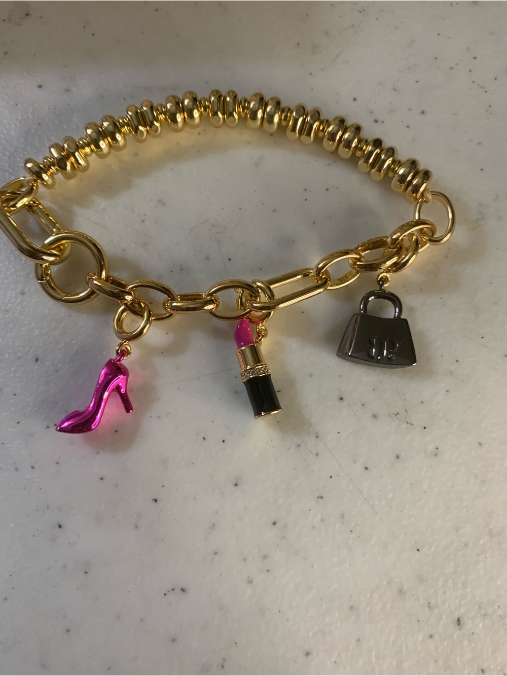 Bomb Party Gold / Brass Charm Bracelet Pink High Heel,Lipstick  and Black Bag